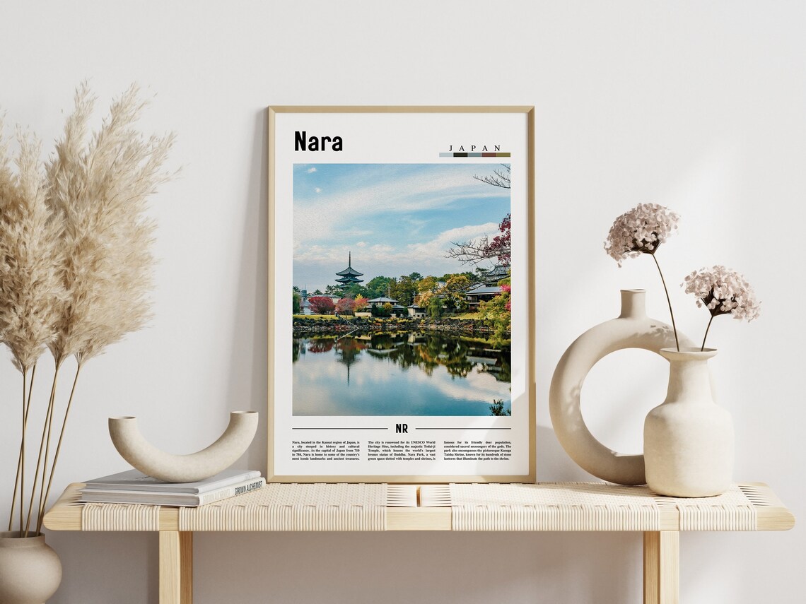 Nara Japan Five Story Pagoda Pond Reflection Travel Photo Poster - Image 3