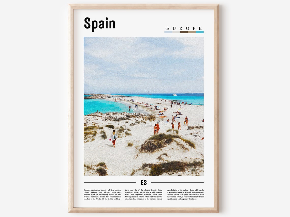 Spain Turquoise Beach White Sand Sunbathers Coastal Travel Art Poster