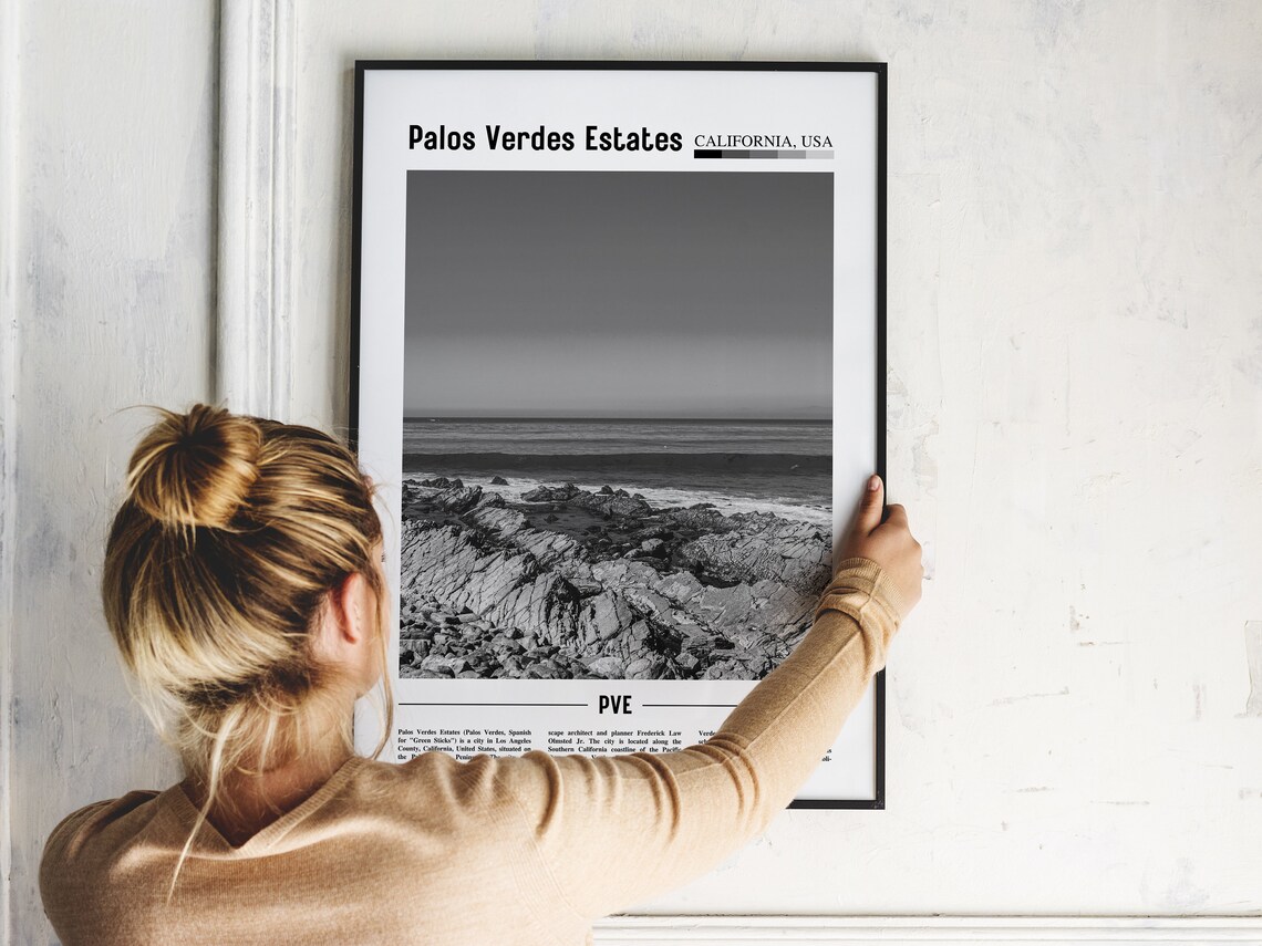 Palos Verdes Estates Black And White Rocky Coast Ocean Travel Poster - Image 2