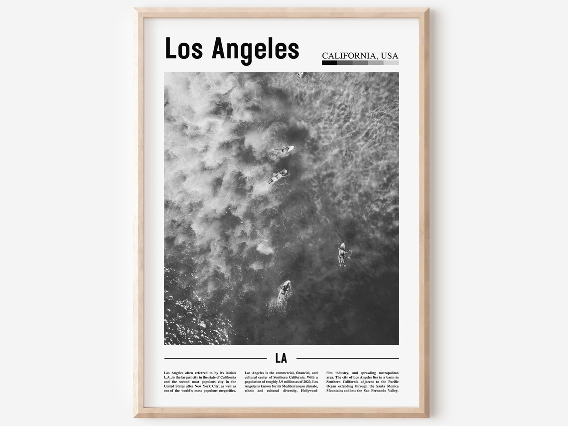 Los Angeles California Black And White Aerial Surfers Ocean Poster