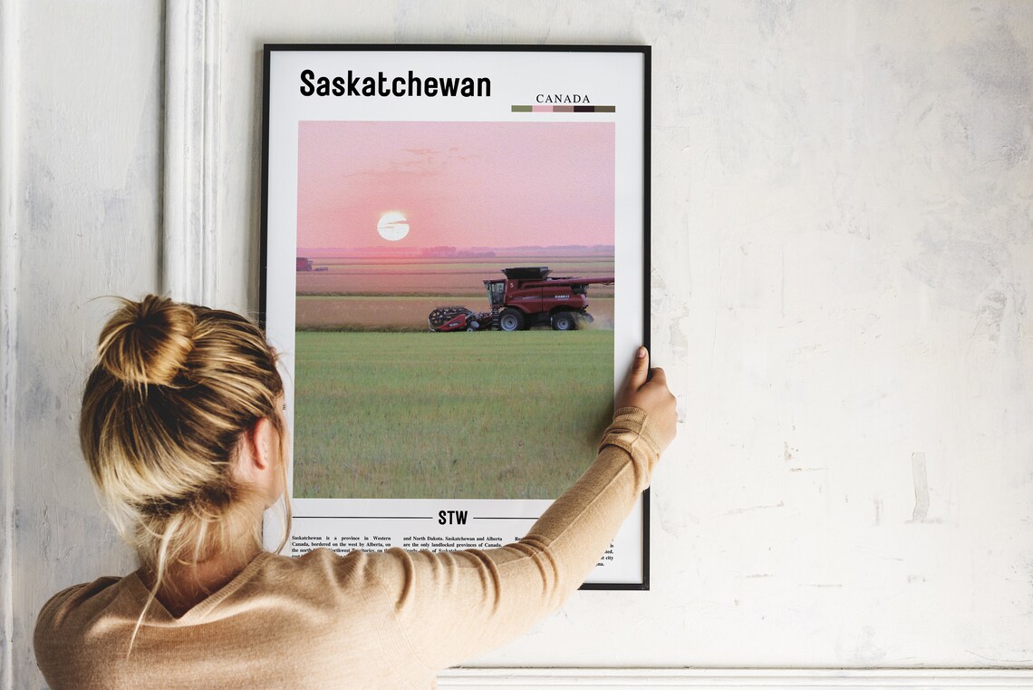 Saskatchewan Canada Harvest Field Combine Sunset Prairie Poster - Image 2