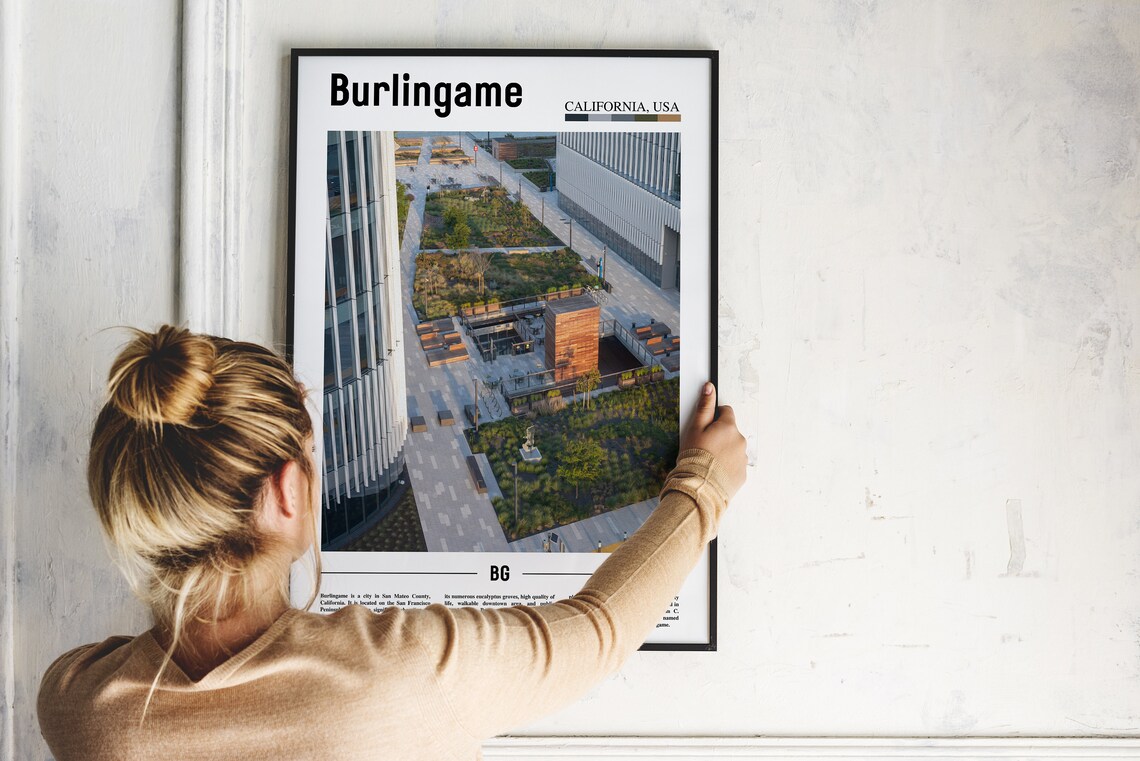 Burlingame California Modern Plaza Aerial City Travel Poster - Image 2