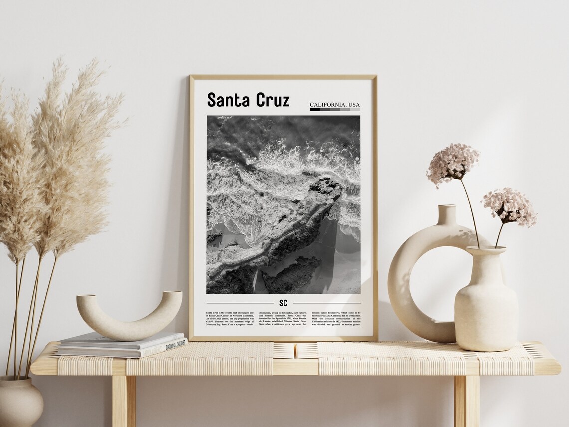 Santa Cruz California Black and White Ocean Waves Rocks Photo Poster - Image 3