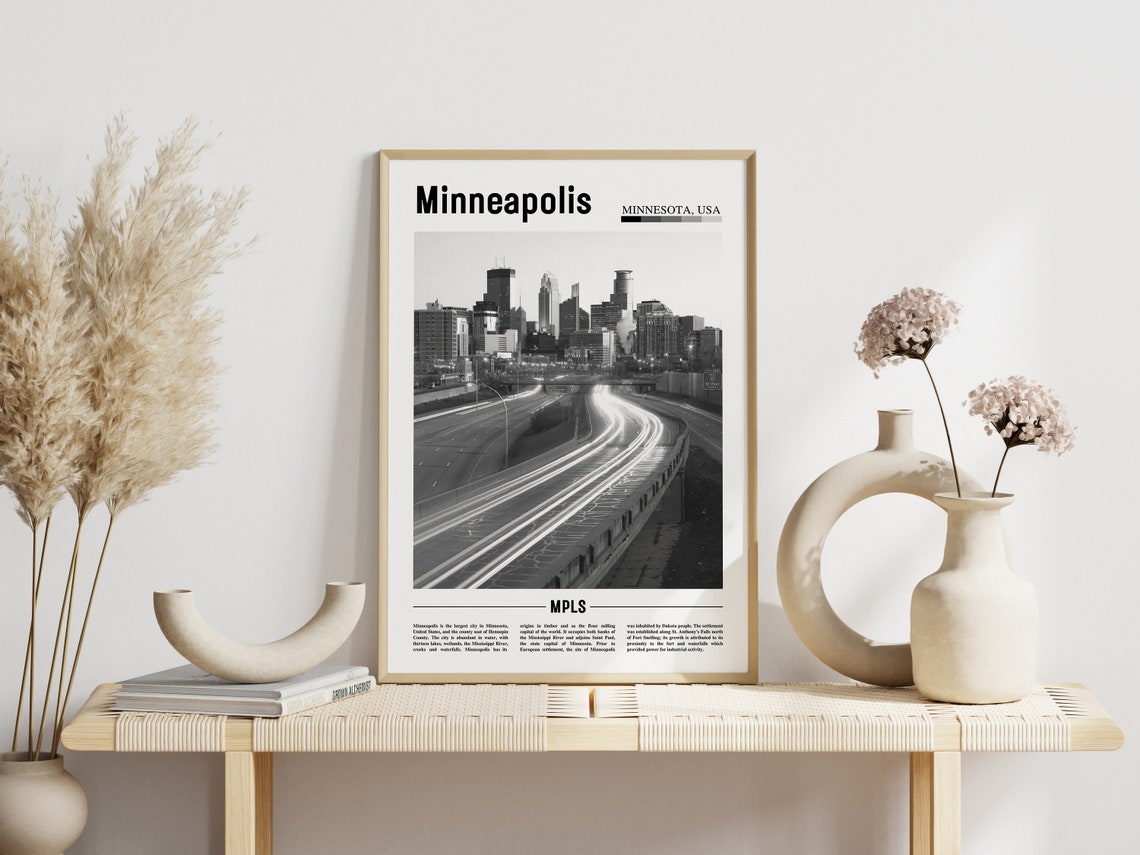 Minneapolis Skyline Black And White Highway Light Trails Travel Poster - Image 3