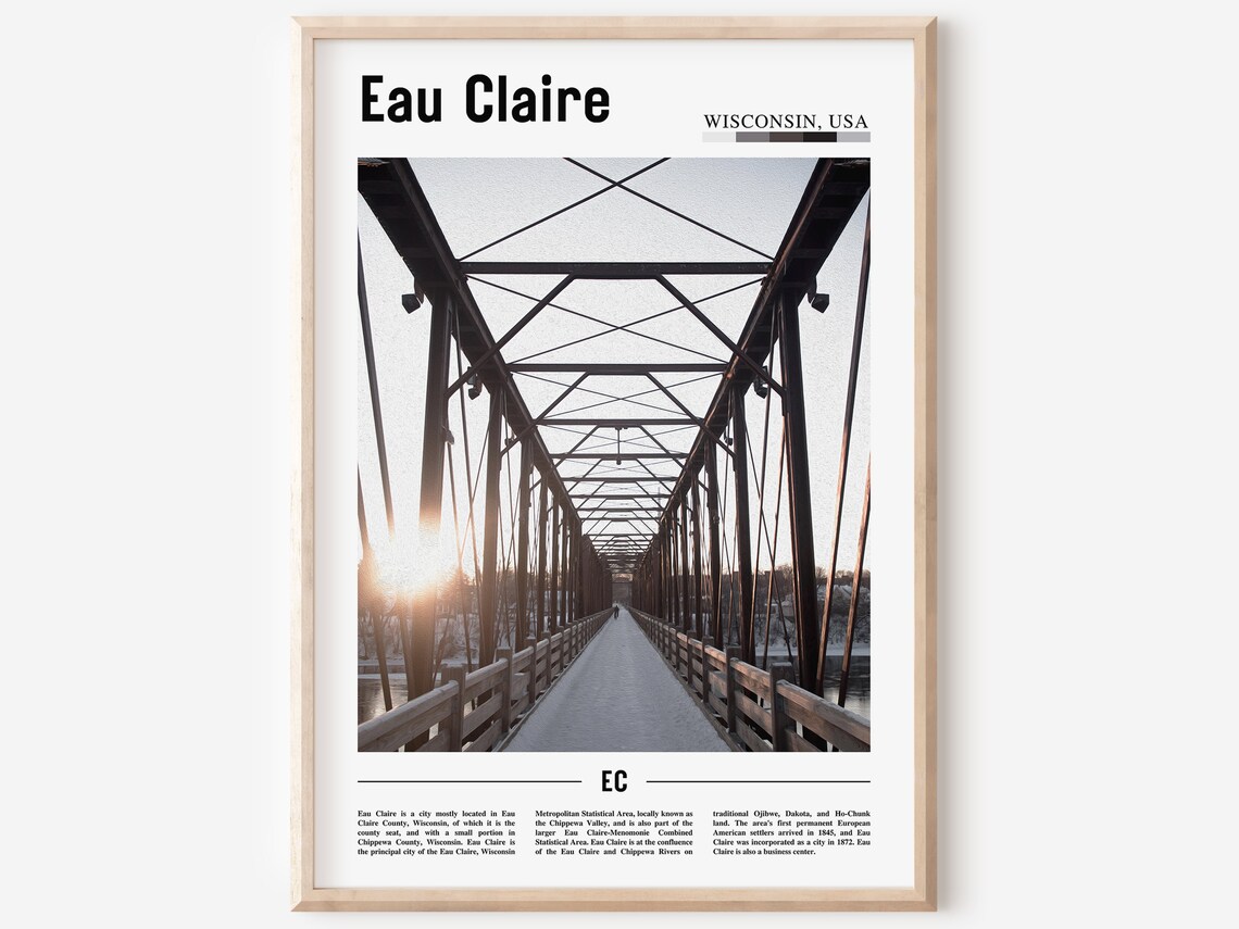 Eau Claire Wisconsin Steel Bridge Sunset Minimalist Travel Poster
