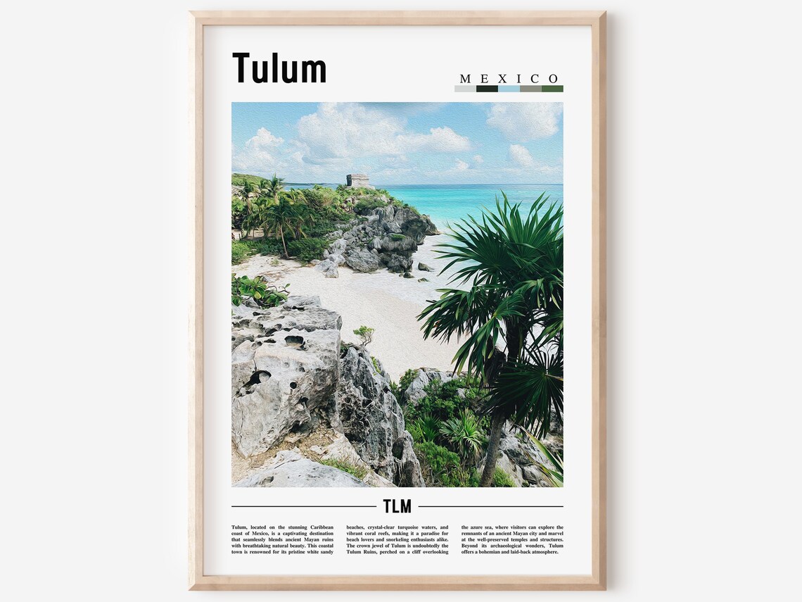 Tulum Mexico Caribbean Cliff Beach Ruins Minimal Photo Travel Poster
