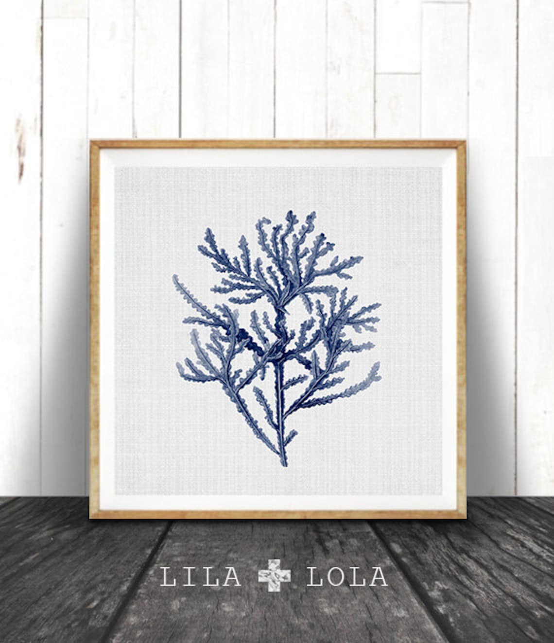 Navy Blue Seaweed Coastal Nautical Art Print