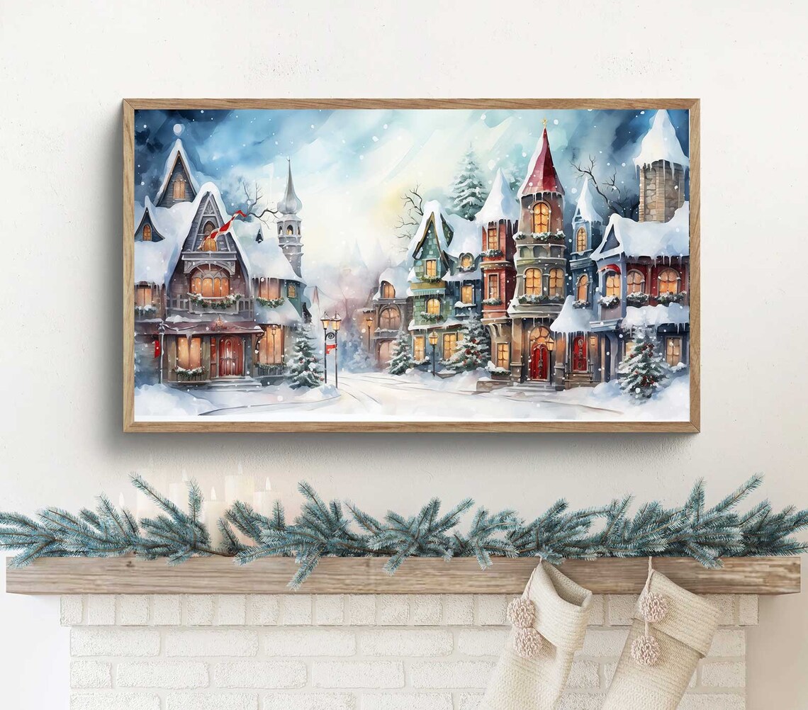 Snowy Victorian Christmas Village Street Winter Holiday Art Print