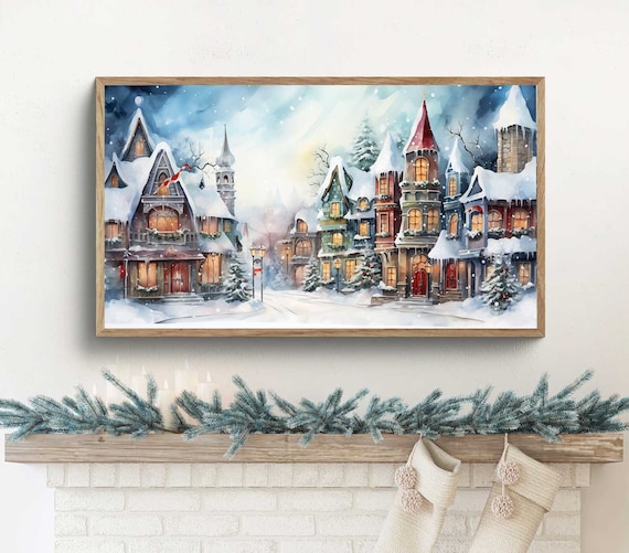 Snowy Victorian Christmas Village Street Winter Holiday Art Print