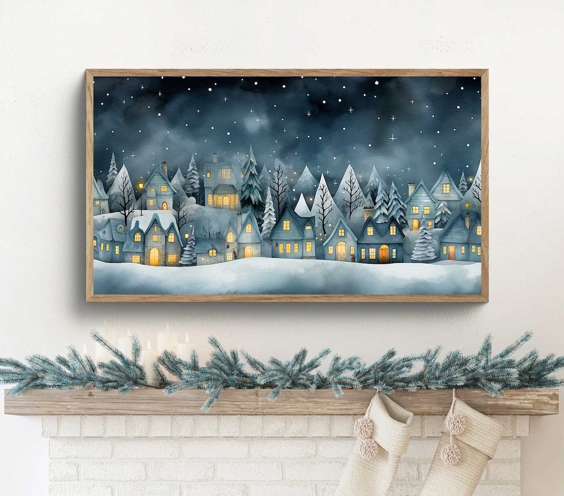 Christmas Village Watercolor Painting, Winter Night Sky Art Print
