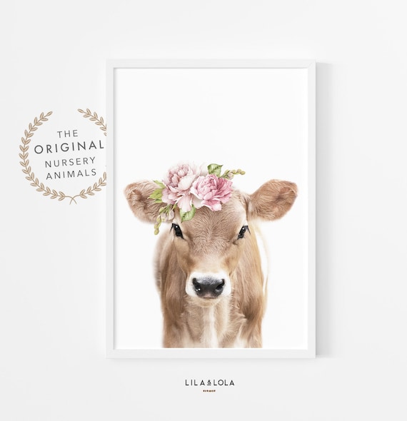 Baby Cow Floral Crown Nursery Animal Farm Calf Watercolor Wall Art