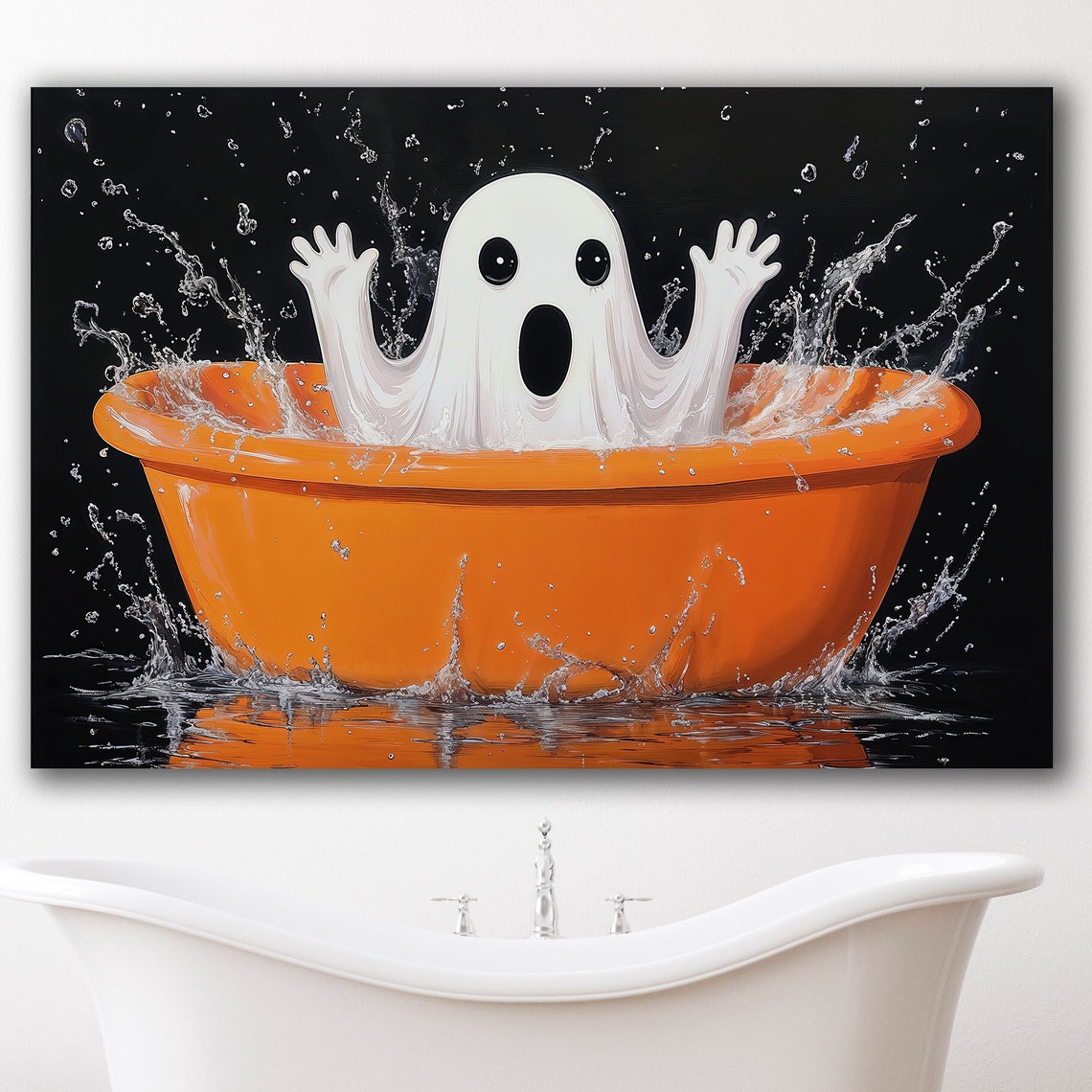 Surprised Ghost Splashing In Orange Tub Funny Halloween Poster