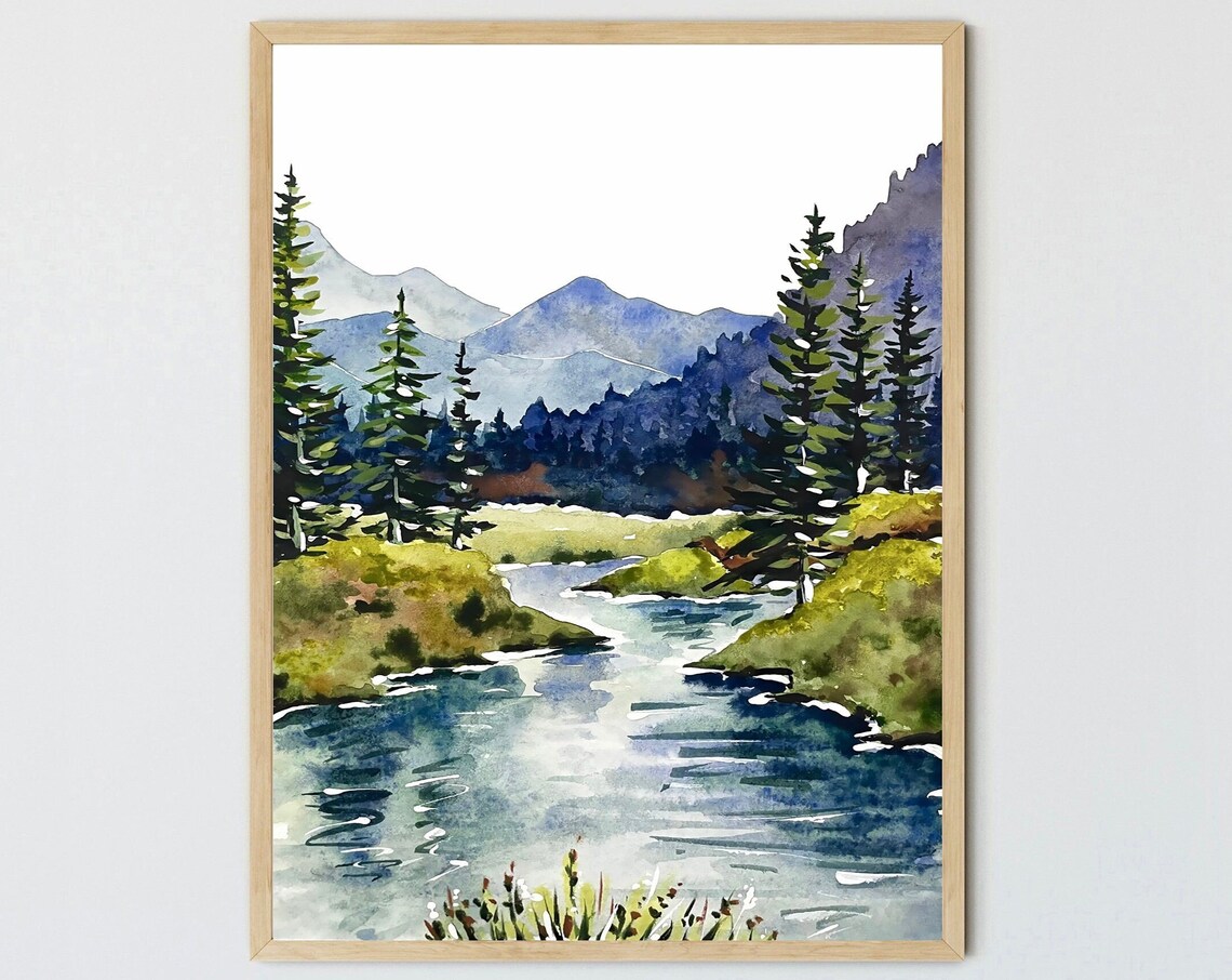 Mountain River Watercolor Mountains Forest Art Print
