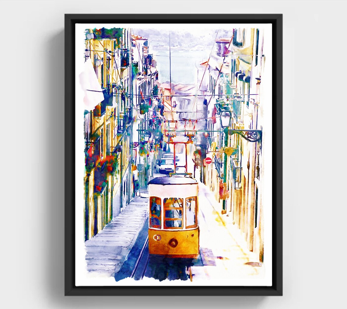 Lisbon Yellow Tram Watercolor Historic Old Town Street Travel Poster