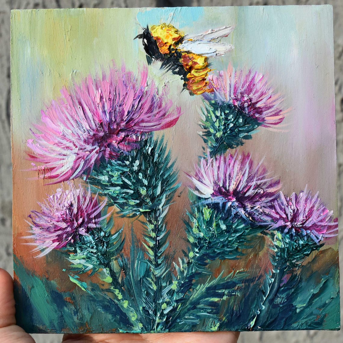 Painting Meadow Flowers Bee In The Meadow Art Painting Burdock Summer Landscape Meadow Flowers Art Bee On A Flower Art Miniature Art Oil Art - Image 2