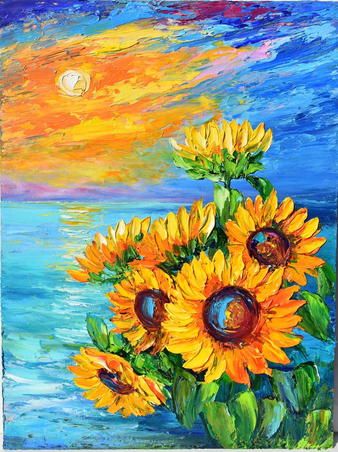 Sunflowers Overlooking Sea Sunset Waves Evening Coastal Art Poster