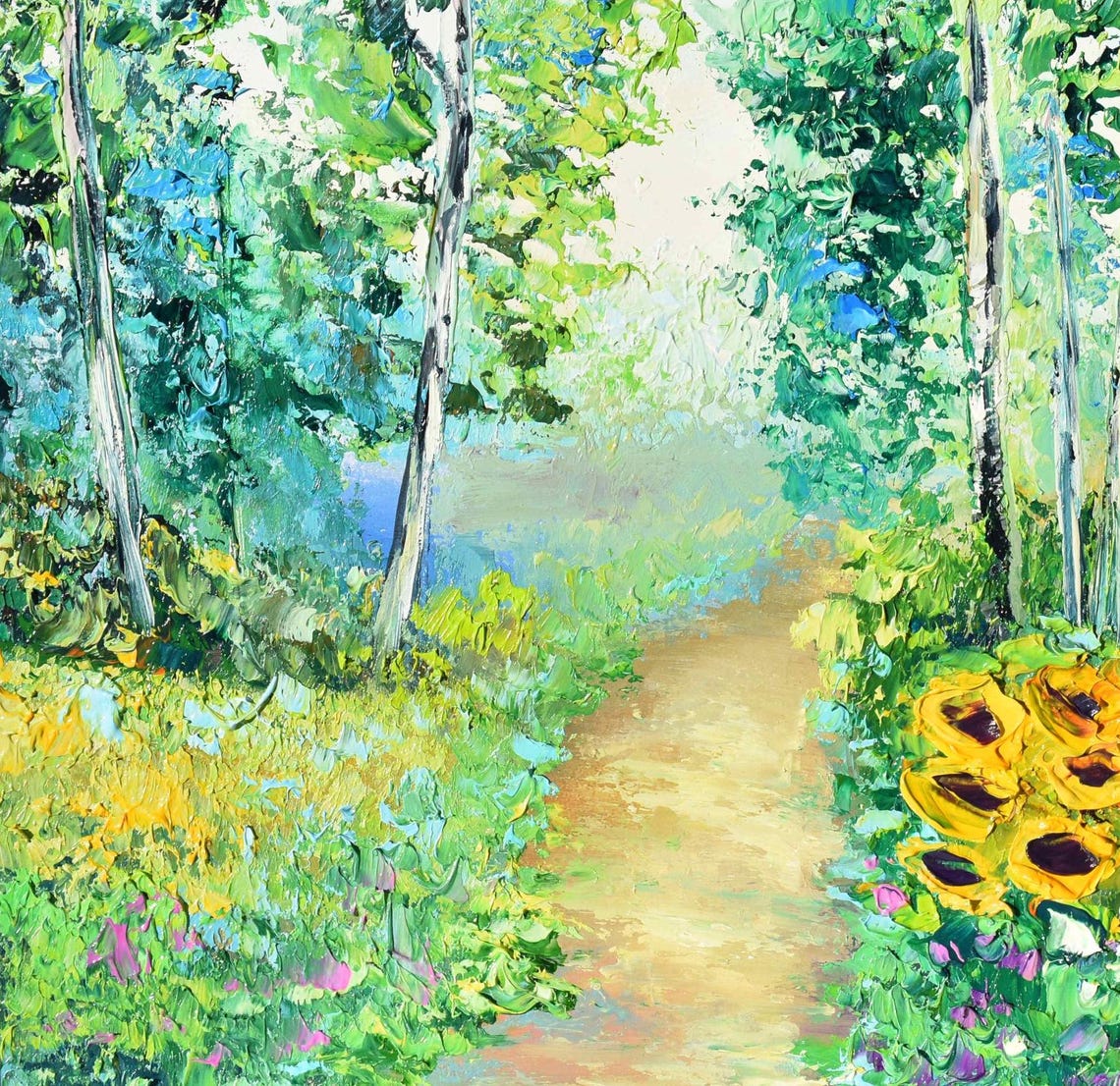 Sunflowers In Ukrainian Landscape Art Ukrainian Flowers Meadow Painting Ukrainian House Art Folk Art Painting Ukraine Art Impasto Painting - Image 3