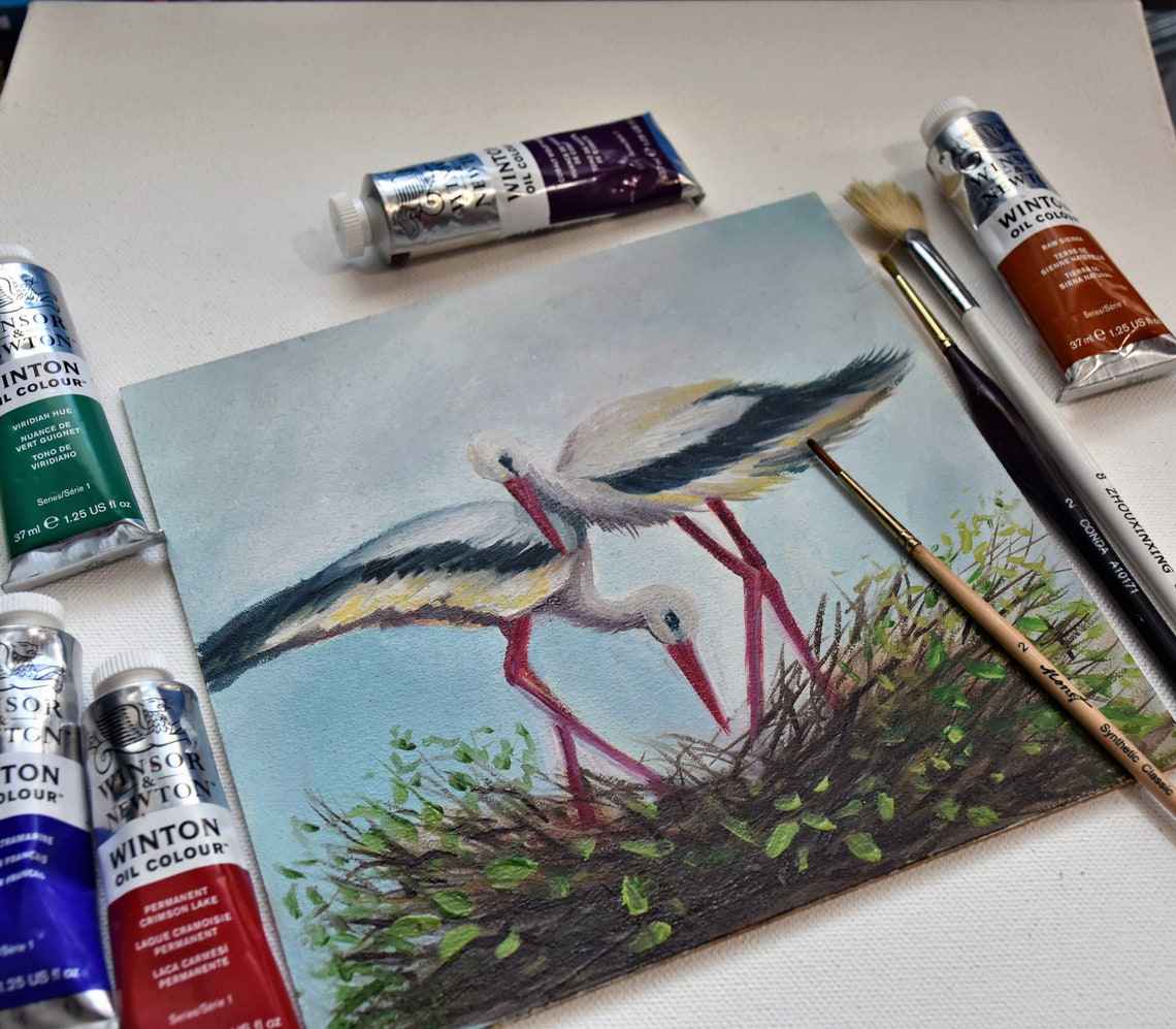 Storks Oil Painting Birds Art Bird Oil Painting Bird Artwork Birds Painting Art Bird Painting Bird Art Painting Miniature Living Room Decor - Image 2