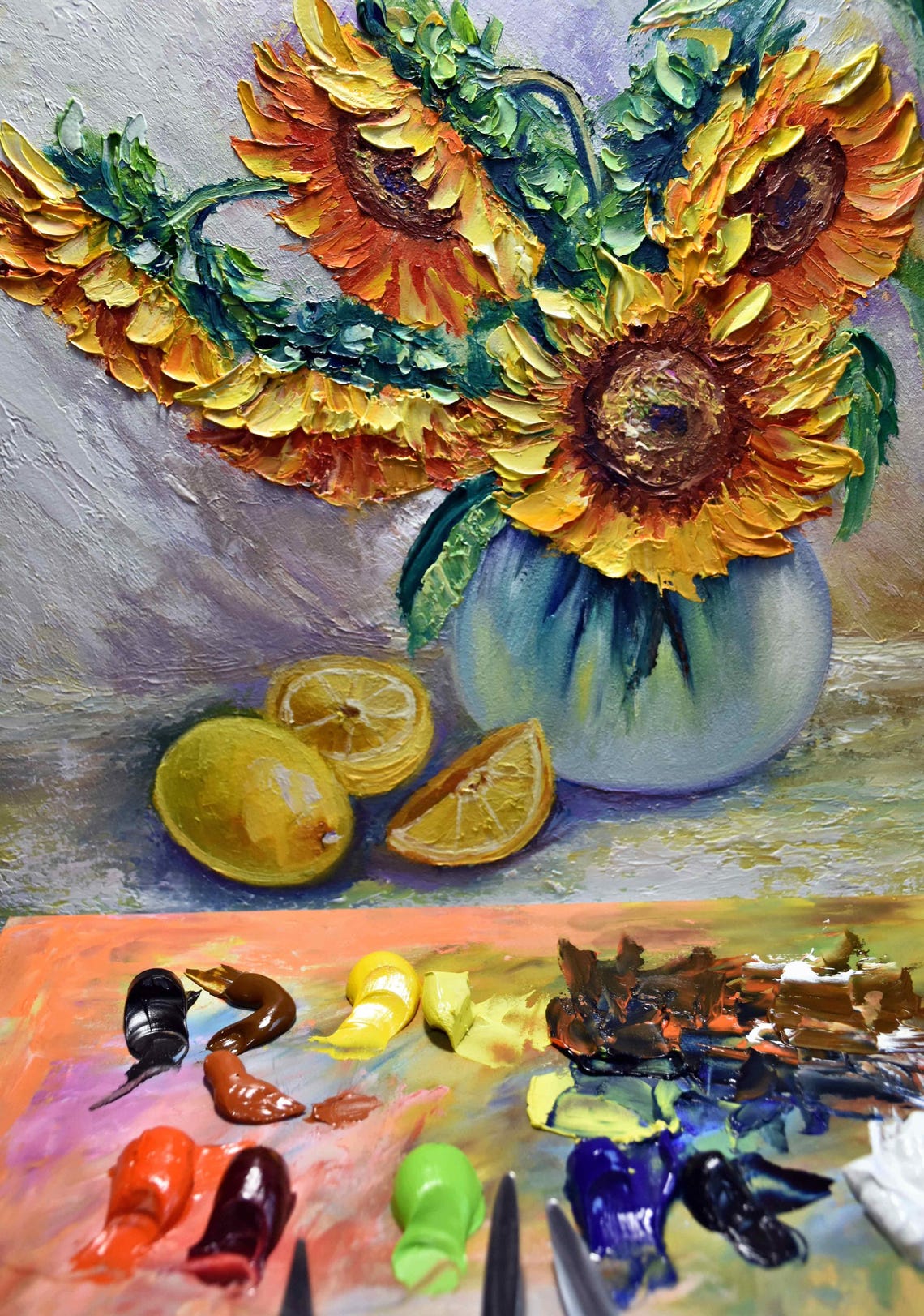 Sunflower Painting Lemon Painting Kitchen Art Food Citrus Art Kitchen Still Life Art Sunflower Art Textured Painting Floral Painting Sun - Image 4