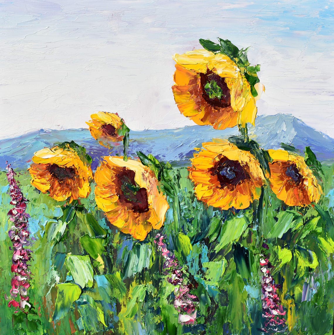 Sunflowers Floral Landscape Painting Sunflower Art Impasto Oil Painting Palette Knife Art Orange Flower Art Meadow Painting Yellow Flower
