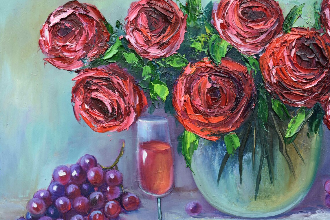 Deep Red Roses Wine Glass Cherries Vase Impasto Still Life Wall Art - Image 2