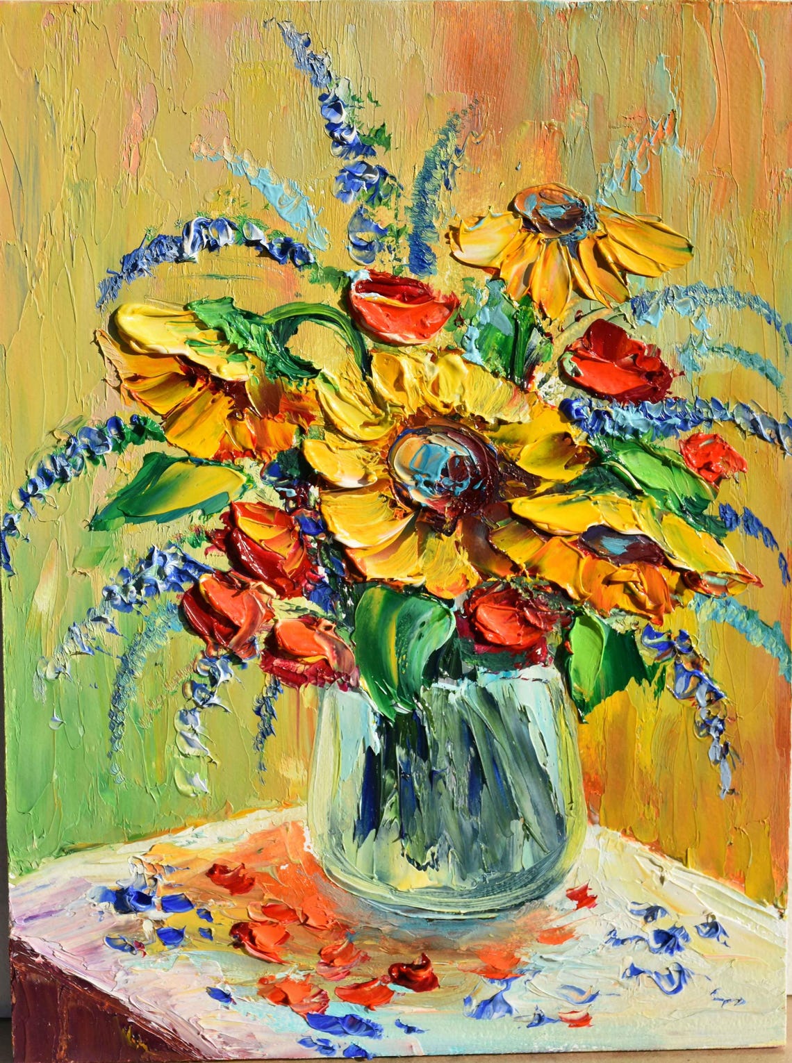 Sunflowers Painting Small Wall Art Still Life Painting Sunflower Wall Art Poppies Painting Yellow Flower Art Red Poppies Art Poppy Painting
