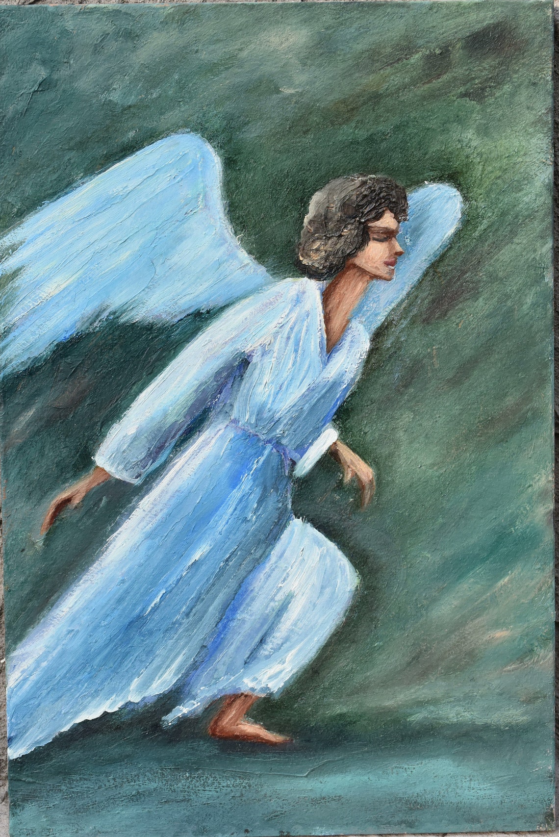 Blue Robed Angel White Wings Dark Green Religious Oil Wall Art