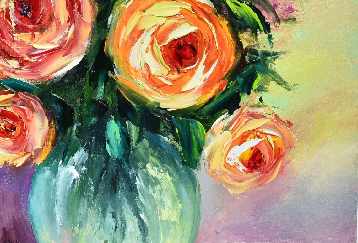 Peach Yellow Roses Teal Vase Soft Pastel Impasto Oil Painting Poster - Image 2