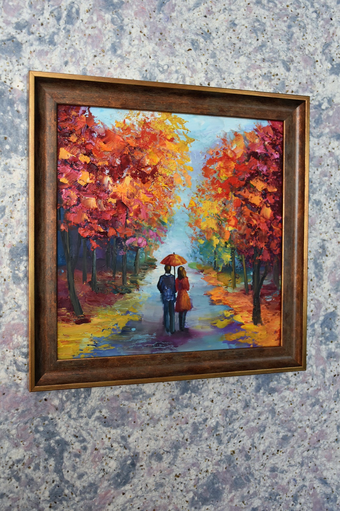 Autumn Painting Landscape Painting Park Painting Umbrella Art Painting People Red Umbrella Art Urban Painting In Love Art Romantic Landscape - Image 4
