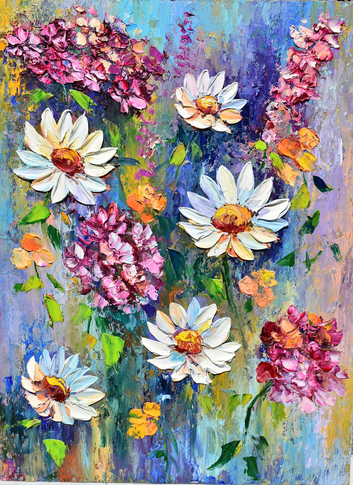 White Daisies Pink Phlox Colorful Impasto Meadow Floral Oil Wall Art