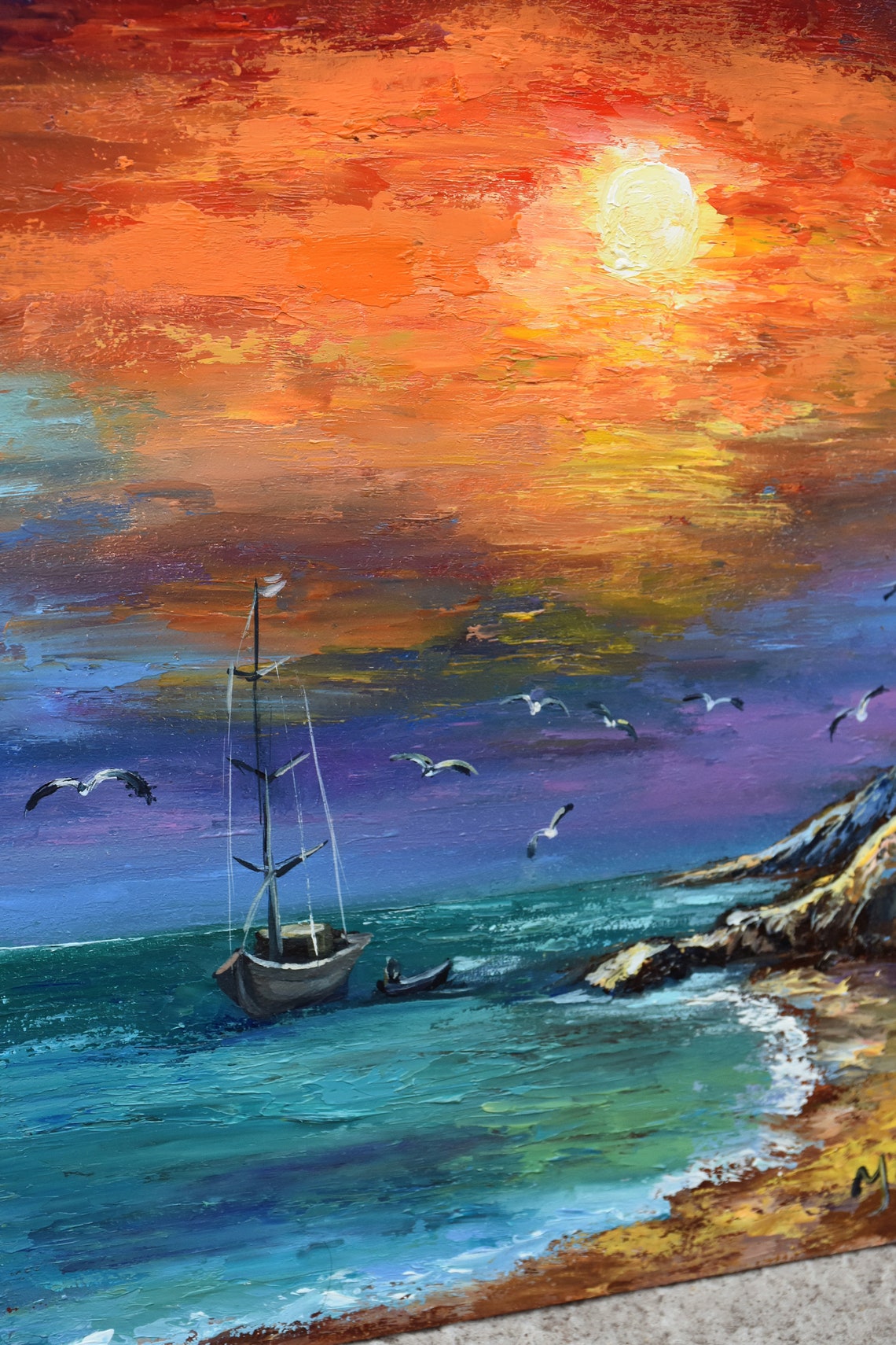 Mediterranean Art Painting Sea Sailboat Artwork Ocean Paintings Seascape Artwork Coast Oil Painting Landscape Wall Art Painting Sea Colorful - Image 5