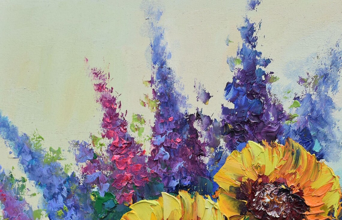 Giant Sunflowers Blue Spike Duo Vibrant Garden Impasto Painting Poster - Image 4