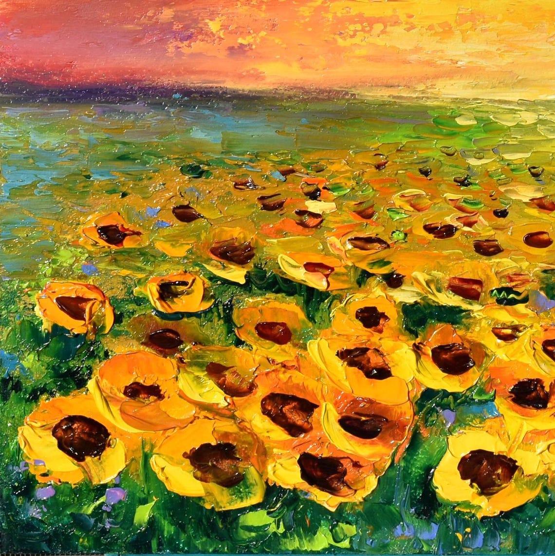 Sunflowers Painting Landscape Painting Colorful Sunset Art Sunflowers Landscape Impasto Oil Painting Sunflower Art Summer Painting Field Of - Image 2