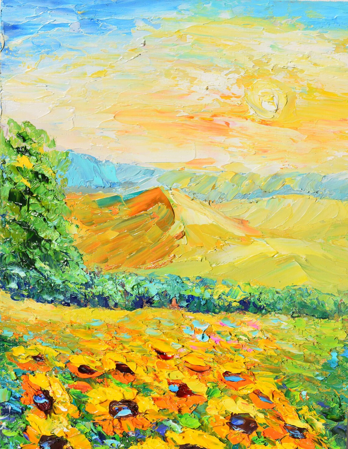 Sunflower Field At Sunset Golden Evening Landscape Art Poster - Image 2