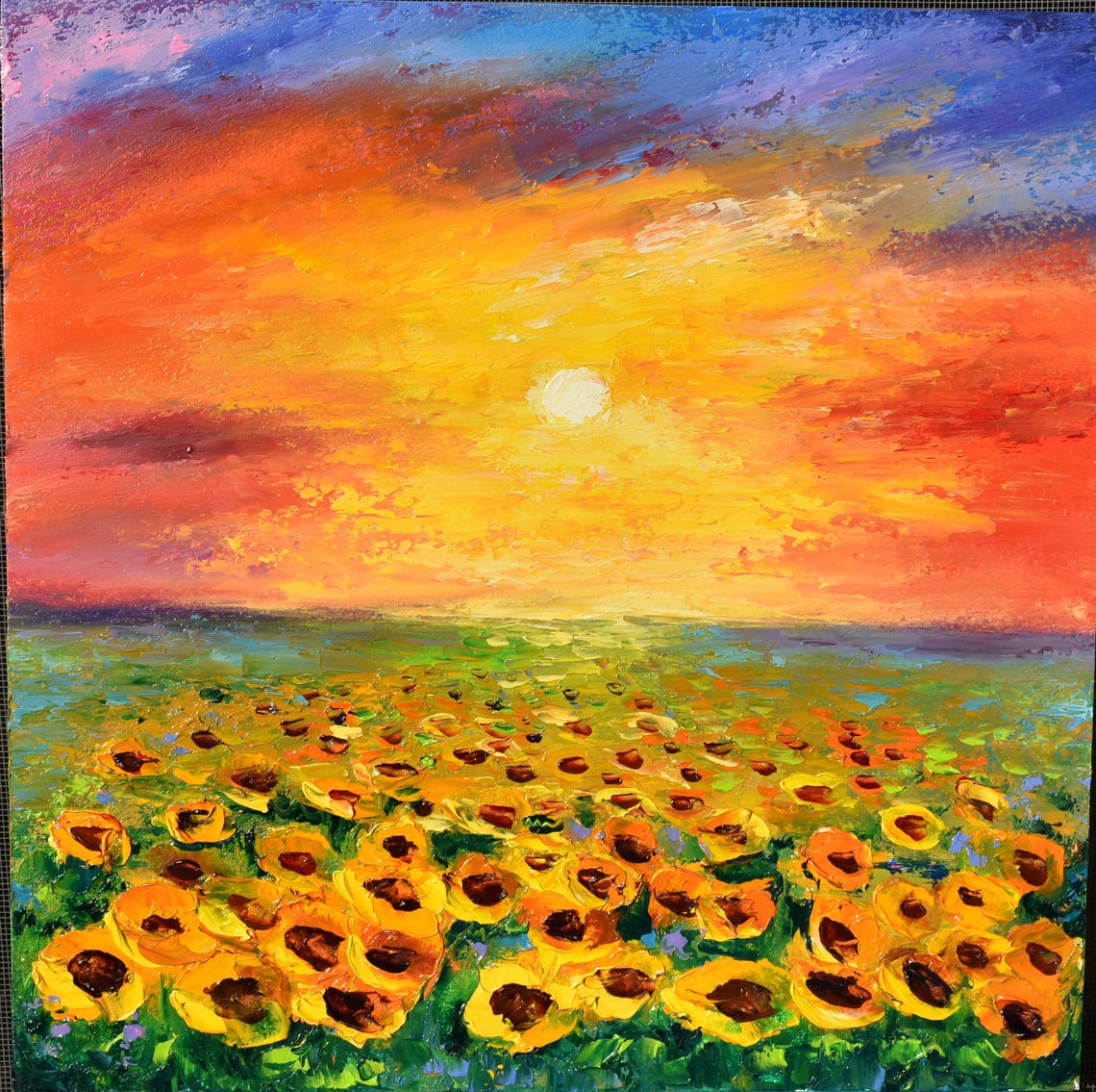 Sunflowers Painting Landscape Painting Colorful Sunset Art Sunflowers Landscape Impasto Oil Painting Sunflower Art Summer Painting Field Of