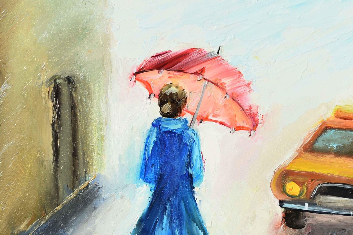 Red Umbrella Rainy City Street Yellow Taxi Oil Painting Urban Poster - Image 5