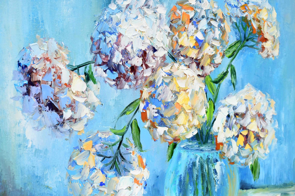 White Hydrangea Blossoms Glass Vase Soft Blue Impasto Painting Poster