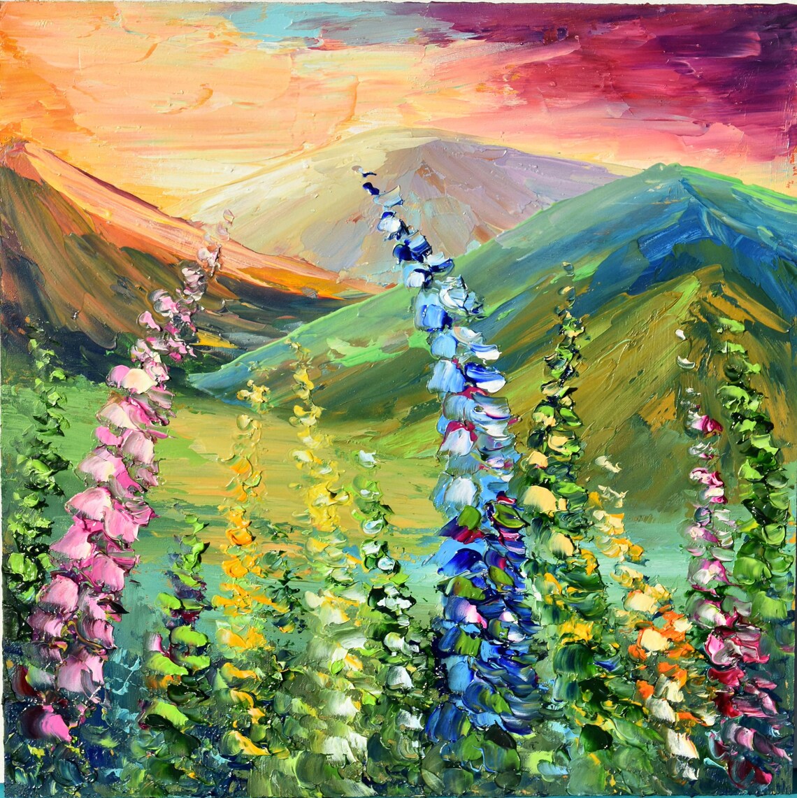 Mountain Landscape With Flowers Painting Mountains Landscape Painting Small Wall Art Wildflowers Painting Impasto Painting Summer Meadow
