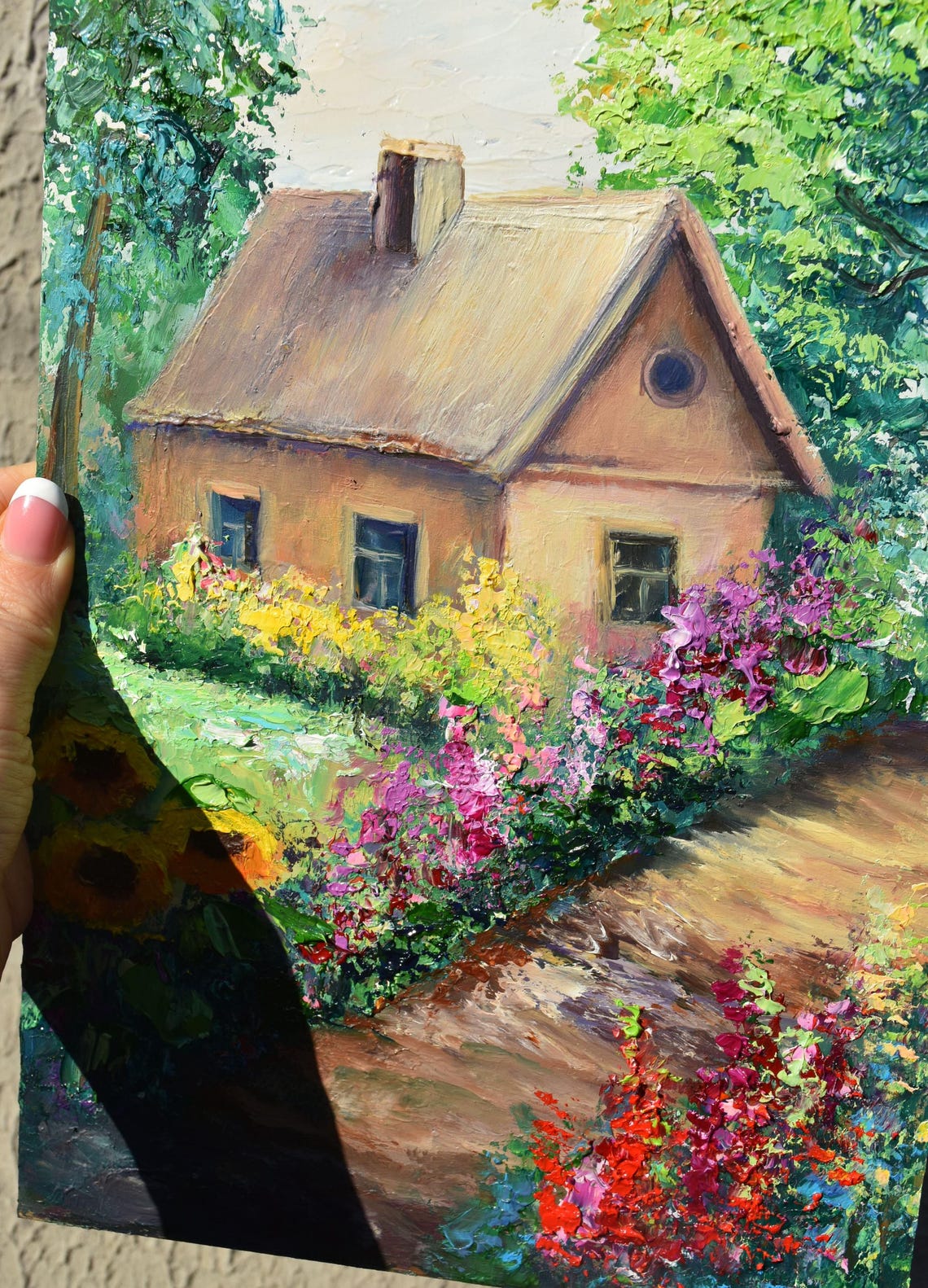 Country Summer House Meadow Painting Summer Landscape Art Sunflowers Art Floral Oil Painting Garden Flowers Art Summer Flower Art Sunflowers - Image 4