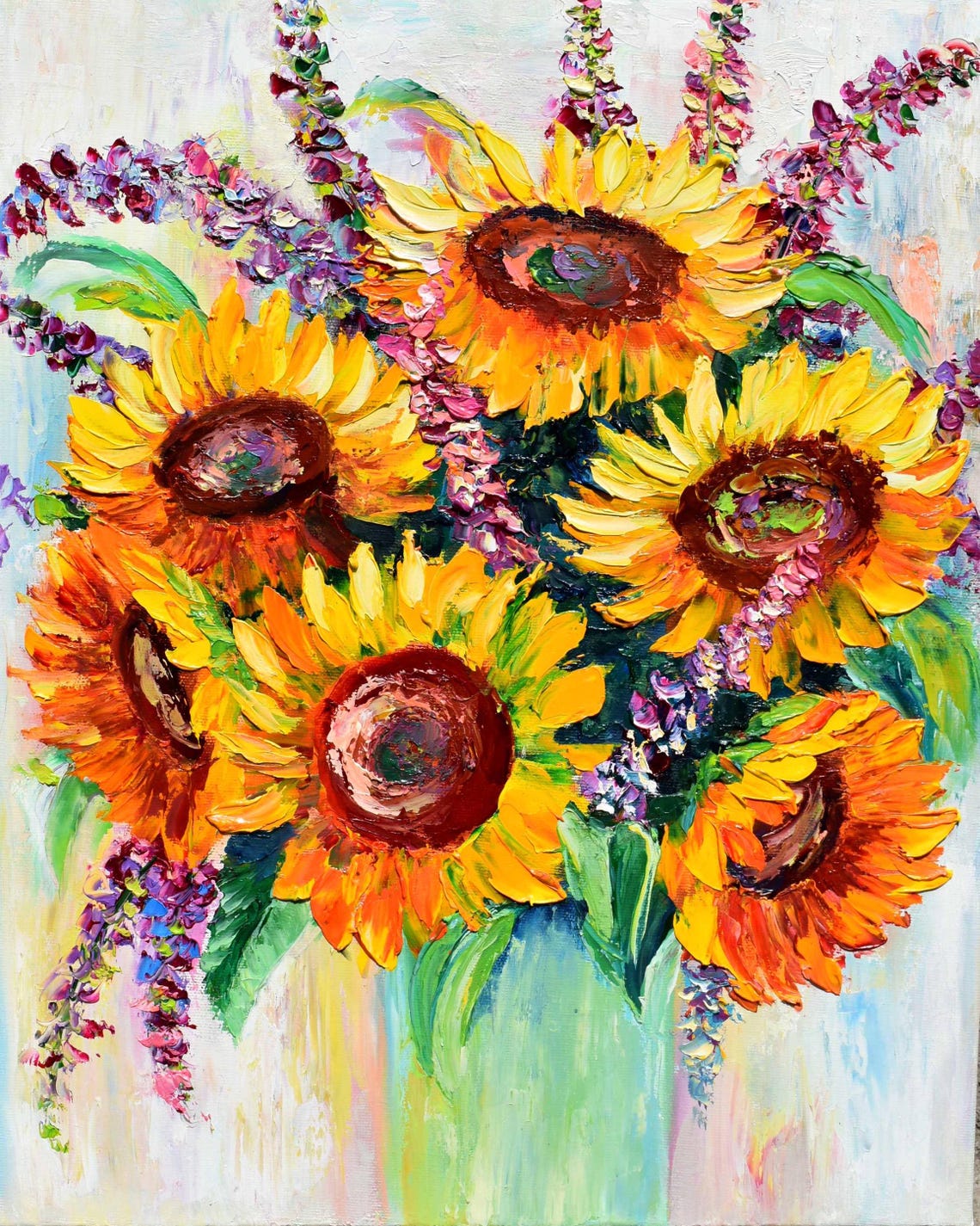 Sunflower Wall Art Purple Lupins Art Large Art Work Impasto Oil Painting Wildflowers Oil Art Sunflowers Painting Painting Floral Oil