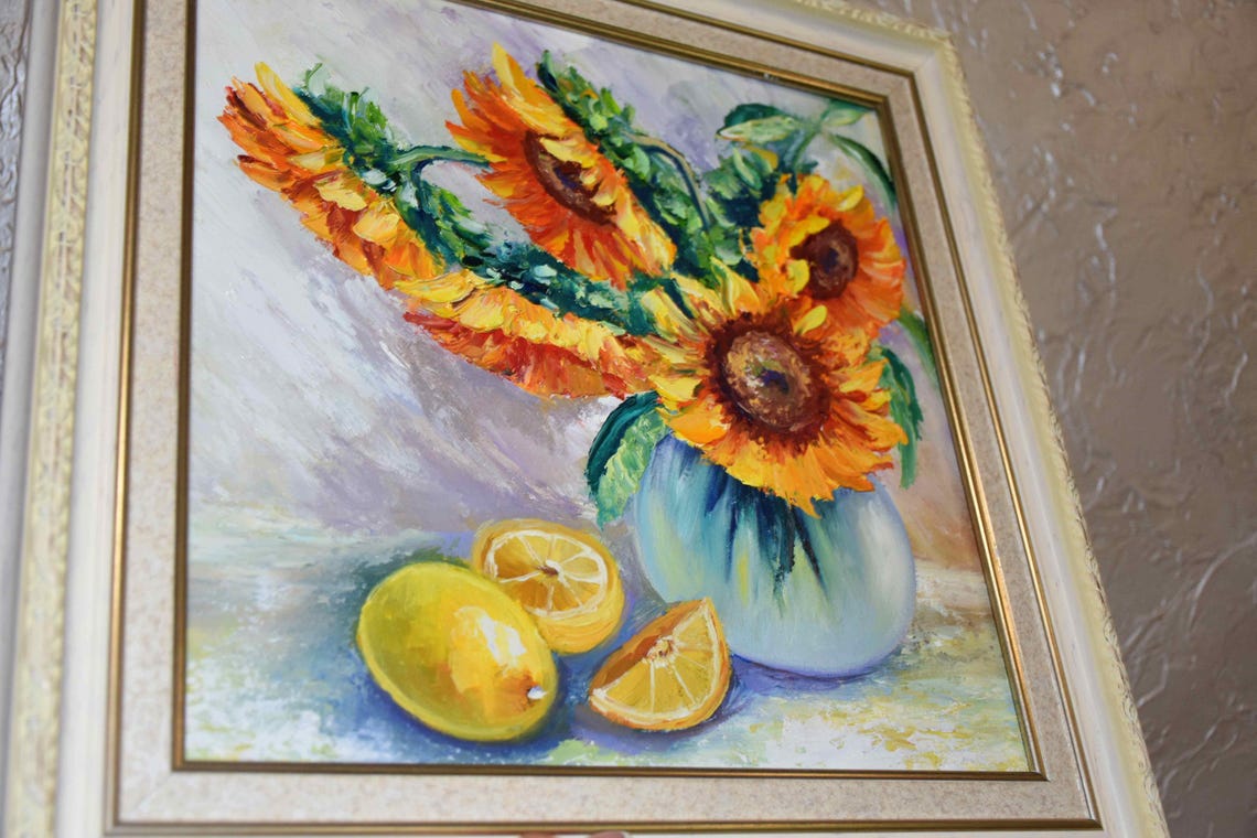 Sunflowers In Blue Vase With Lemons Kitchen Still Life Poster - Image 3