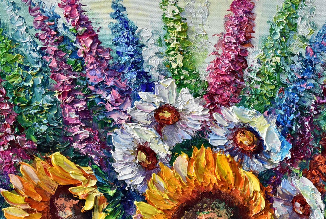 Sunflower Daisy Garden Bouquet Colorful Impasto Oil Painting Poster - Image 2