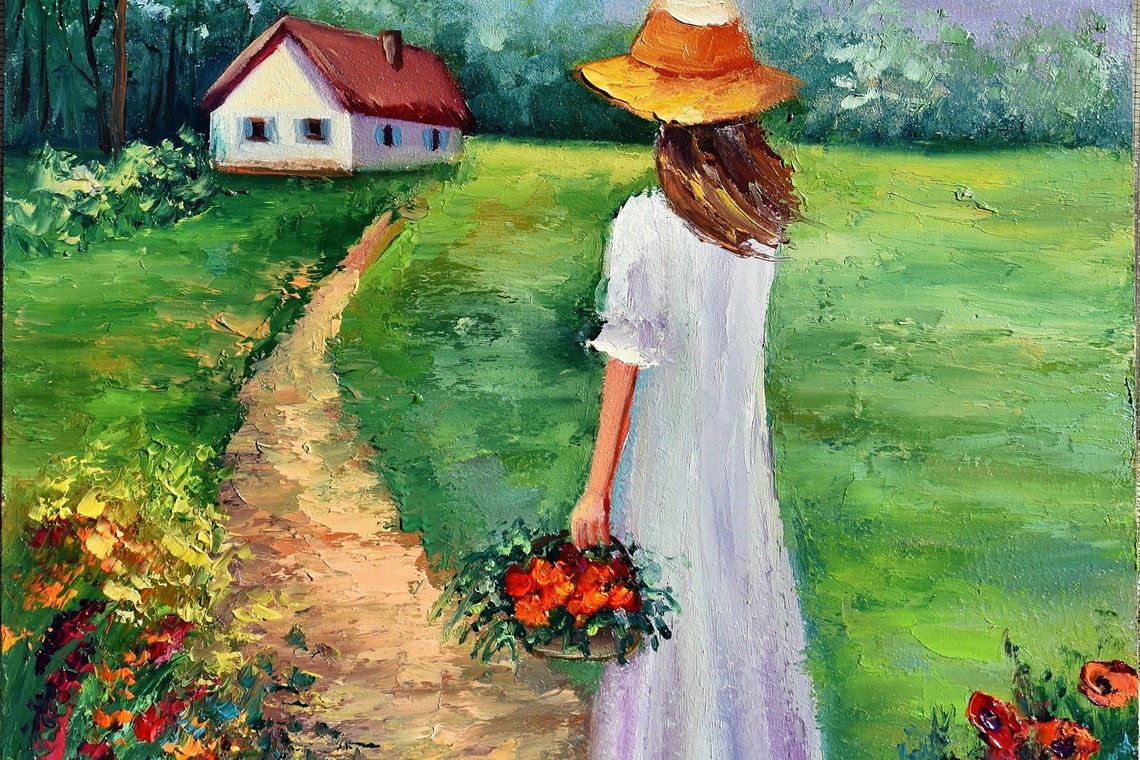 Girl With Flowers Art Landscape Painting Girl In Hat Painting Flower Art Girl Landscape Art Rural Landscape Art Farmhouse Art Flower Meadow - Image 4