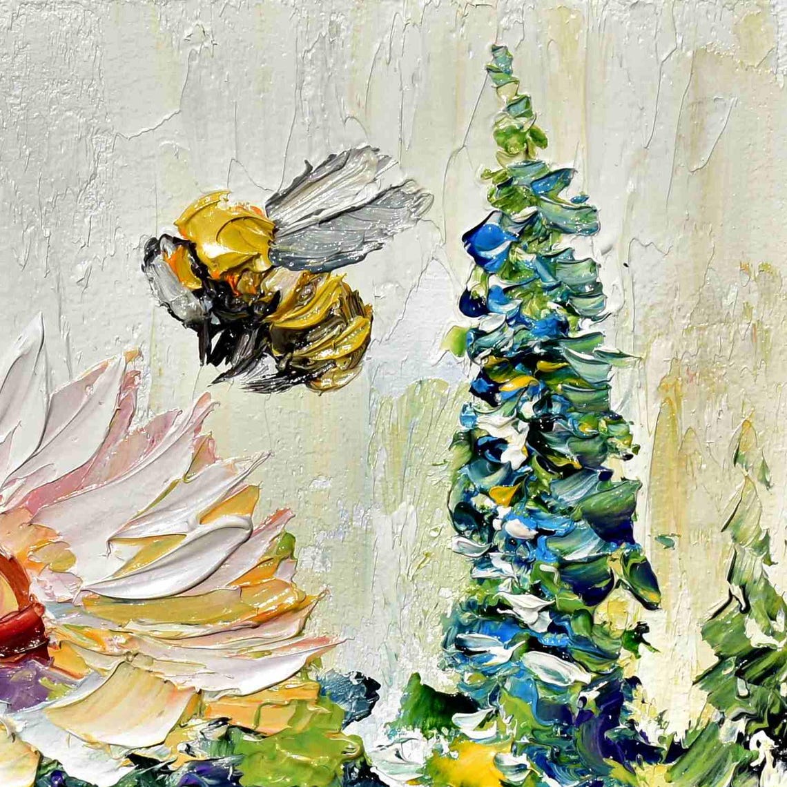 Honey Bee Art Floral Wall Art White Flower Art Bee Wall Art Meadow Landscape Art Impasto Oil Painting Summer Landscape Art Painting Flower - Image 4