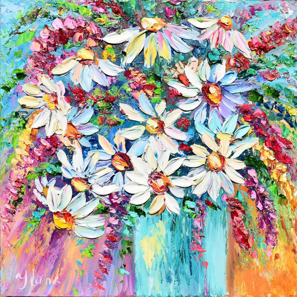 White Daisies Colorful Turquoise Background Impasto Floral Poster - Image 5