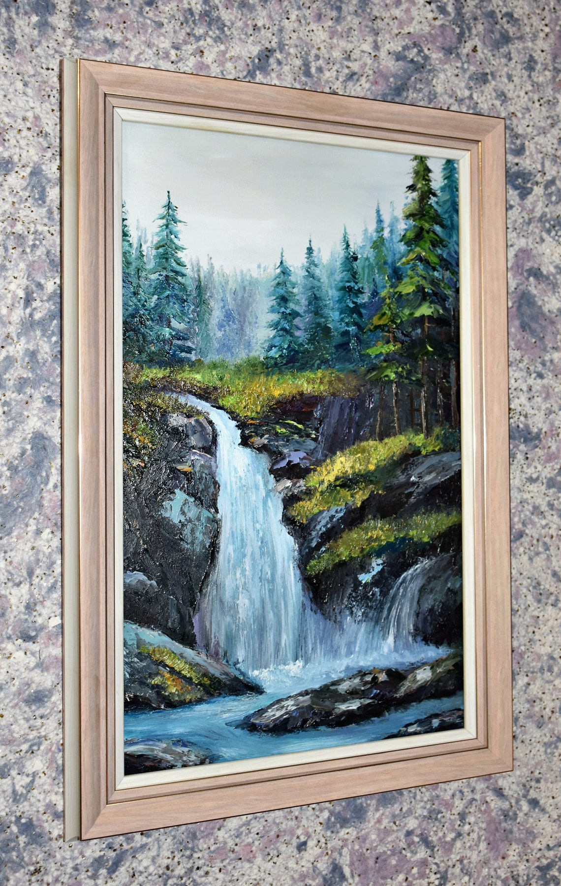 Misty Waterfall Rocky Gorge Pine Forest Oil Painting Landscape Poster - Image 2
