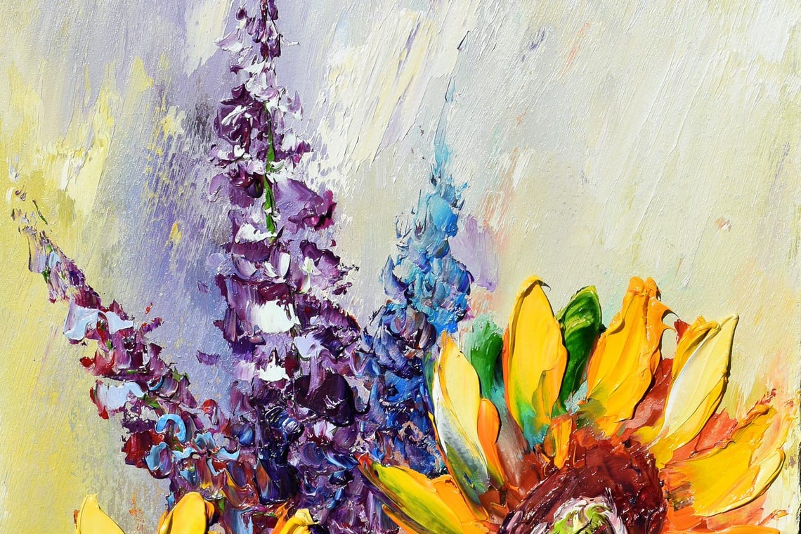 Sunflowers Painting Flowers Painting Sunflower Art Summer Landscape Art Yellow Flower Art Floral Oil Painting Palette Knife Art Floral Art - Image 2
