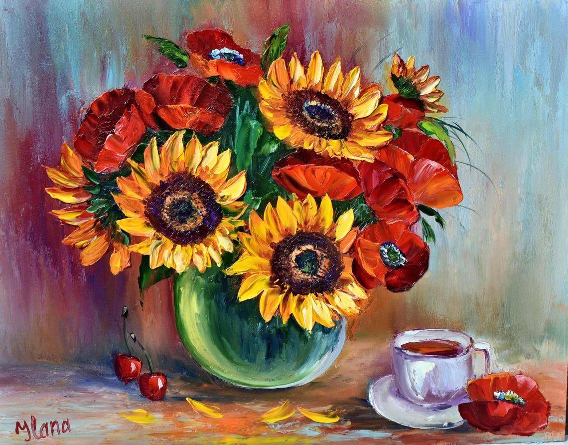 Sunflowers Painting Still Life Painting Sunflower Wall Art Poppies Painting Yellow Flower Art Red Poppies Art Poppy Painting Large Oil