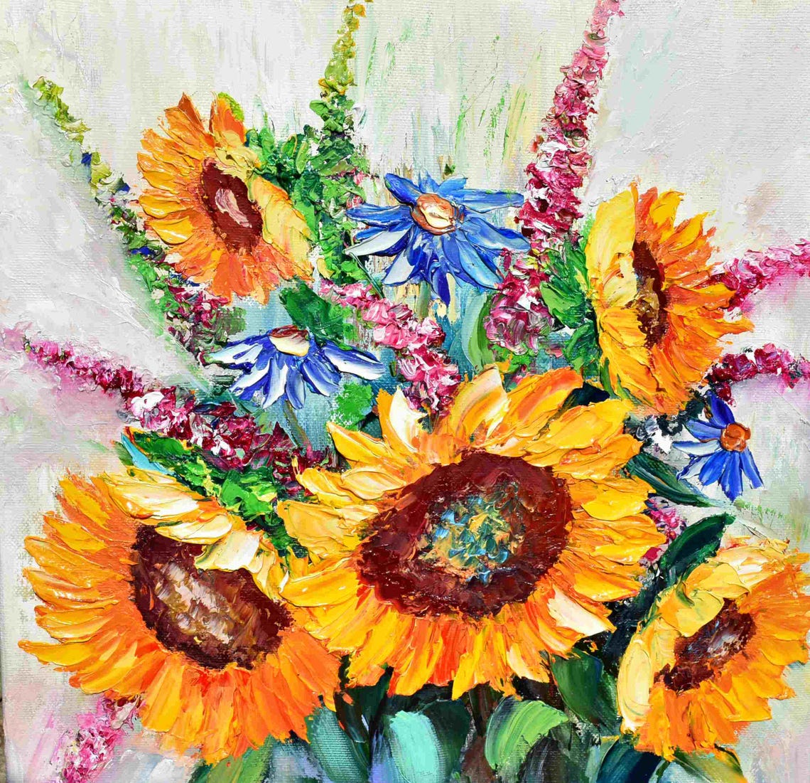 Art Bouquet Of Wild Flowers Sunflowers Oil Art Landscape Painting Blue Wildflowers Art Meadow Painting Sunflower Interior Flower Artwork