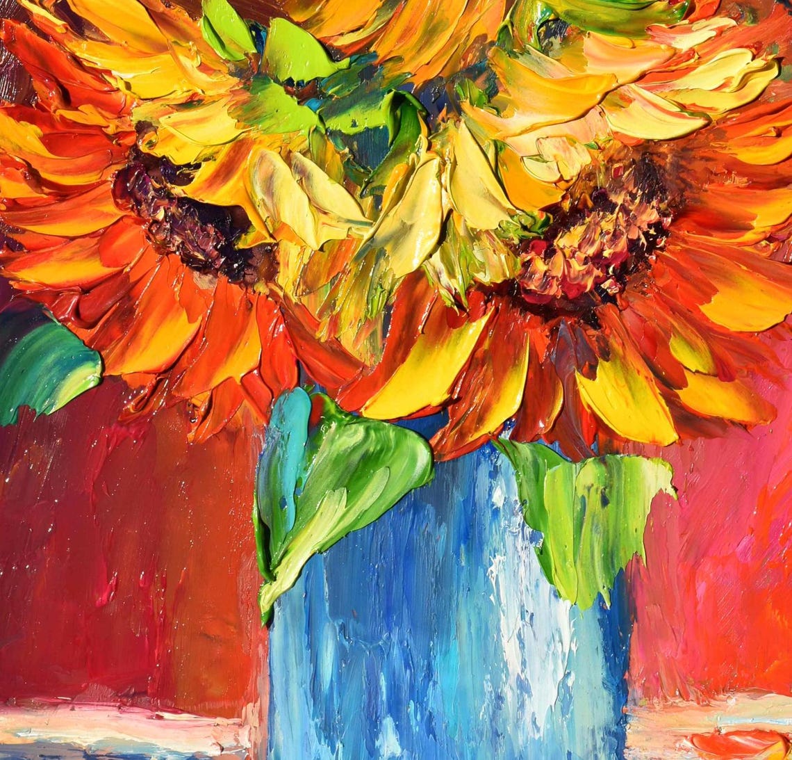 Sunflowers In Blue Vase Red Background Floral Still Life Poster - Image 4